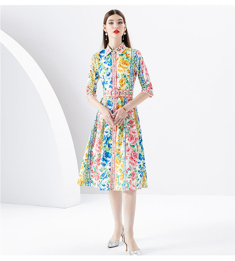 Lapel Short Sleeve Waist Wide Skirt Flower Print Long Dress