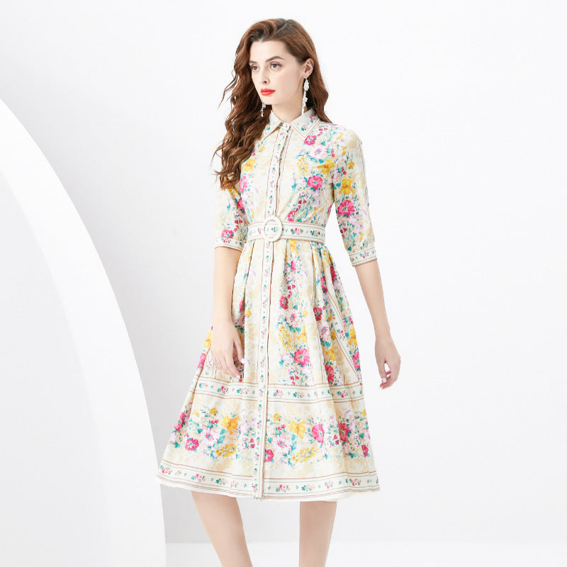 Lapel Short Sleeve Waist Wide Skirt Flower Print Long Dress