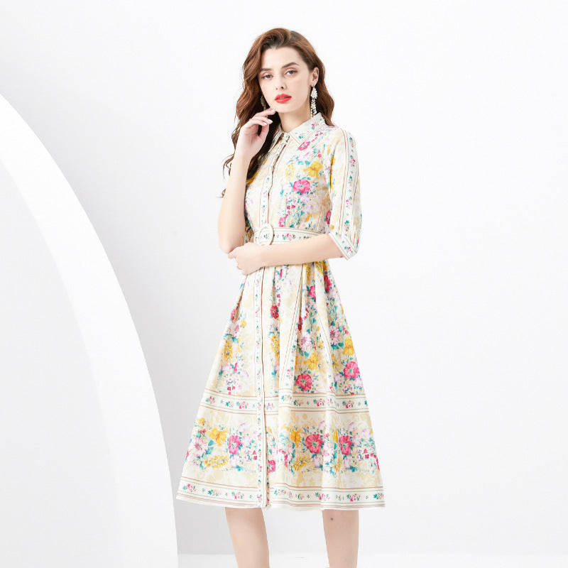 Lapel Short Sleeve Waist Wide Skirt Flower Print Long Dress