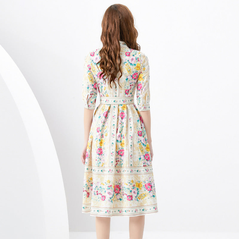 Lapel Short Sleeve Waist Wide Skirt Flower Print Long Dress